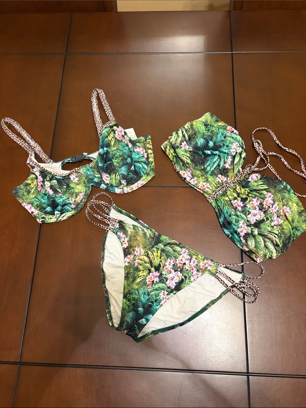 Freya Green Tropical Floral Bikini Set with Pink Accents 3 pieces